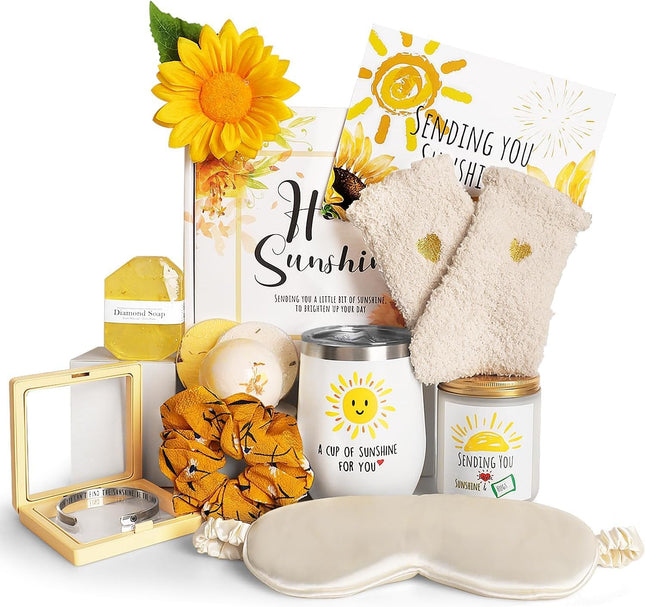 Sunflower Gift Basket for Women, 12-Piece Sunshine Spa Care Package with Wine Tumbler