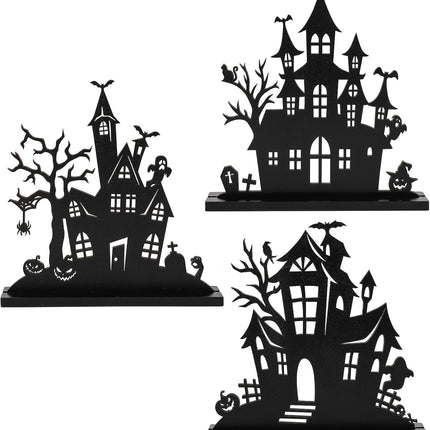 3-Piece Halloween Wooden Table Centerpieces, Double-Sided Ghost House Decorations