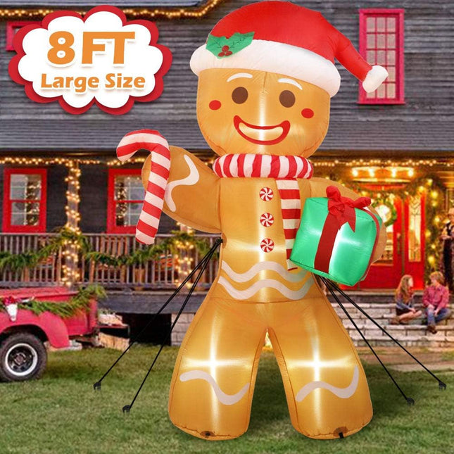 8ft Inflatable Gingerbread Man with Built-in LEDs, Outdoor Christmas Yard Decor