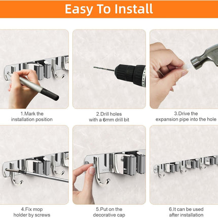 Mop & Broom Holder – Wall Mount Organizer with 3 Racks & 4 Hooks