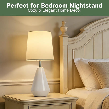 15.5" Ceramic Bedside Table Lamp 3 Color Temperatures Fabric Shade White