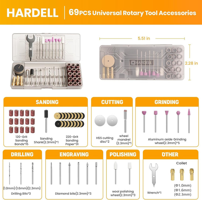 69PCS Rotary Tool Accessories – Universal Bits for Woodworking, Engraving & Polishing