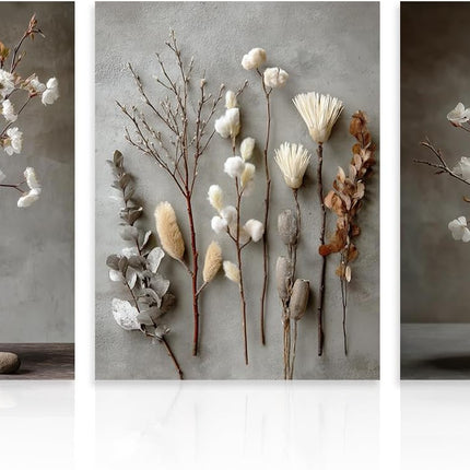 3Pcs Wabi Sabi Botanical Canvas Wall Art Set, Rustic Neutral Farmhouse Decor