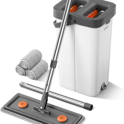 Flat Mop & Bucket Set with Wringer, 3 Microfiber Pads, Wet & Dry Use