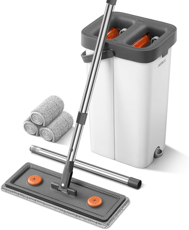 Flat Mop & Bucket Set with Wringer, 3 Microfiber Pads, Wet & Dry Use