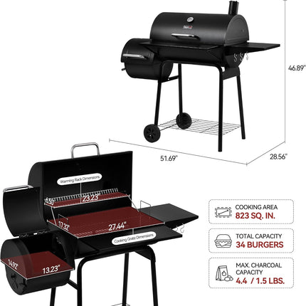 Black Charcoal BBQ Smoker Grill CC1830S for Backyard Camping Cooking