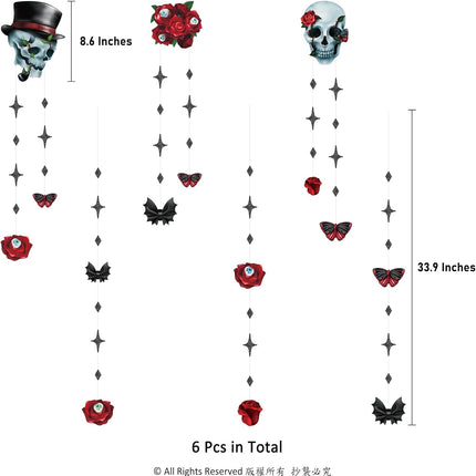 Skull Rose Halloween Garland, Red Rose & Black Skull Gothic Party Hanging Decor