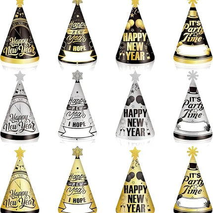 12-Piece New Year 2026 Party Hats – Black, Gold & Silver Cone Hats Set