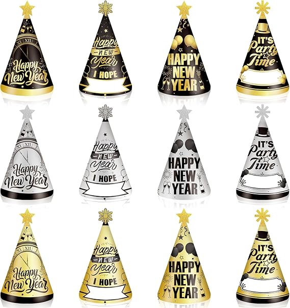 12-Piece New Year 2026 Party Hats – Black, Gold & Silver Cone Hats Set