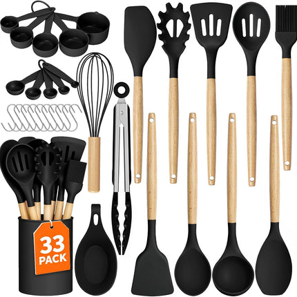 33PCS Silicone Kitchen Utensil Set Wooden Handles Heat Resistant Nonstick Cookware