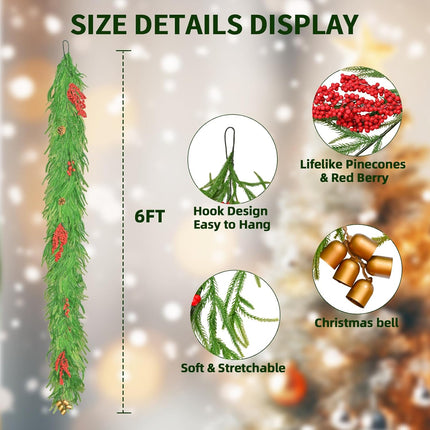 Christmas Garland 6FT – Lit Norfolk Pine with Pinecones, Berries & Bells