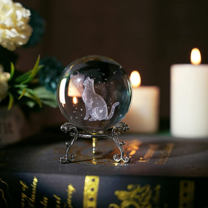 60mm 3D Cat Crystal Ball – Laser Etched Moon & Stars, Paperweight Decor