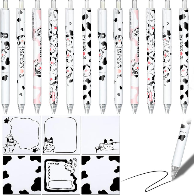 18-Pcs Cow Print Set – 12 Cow Pens & 300 Sheets Notes, Black Ink Gel Pens for School & Office
