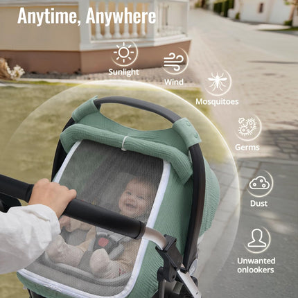 Muslin Baby Car Seat Cover Infant Canopy Roman Green Breathable Mesh Window 360°