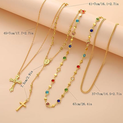 4PCS Layered Gold Cross Necklace Set Women Bohemian Pearl Y Long Necklace