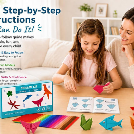 200 Sheets Origami Paper Kit, 6x6in Double-Sided Colored Paper with Guide, Kids