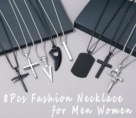 8 Pcs Necklace Set for Men – Black & Silver Stainless Steel, Cross Pendant, 16-24 Inches