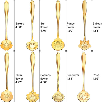 8-Piece Flower Tea & Coffee Spoons – Stainless Steel, Gold, Fancy Patterns