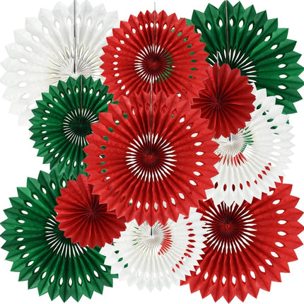 Red, Green & White Hanging Tissue Honeycomb Paper Fans Decor Kit for Christmas & Birthdays