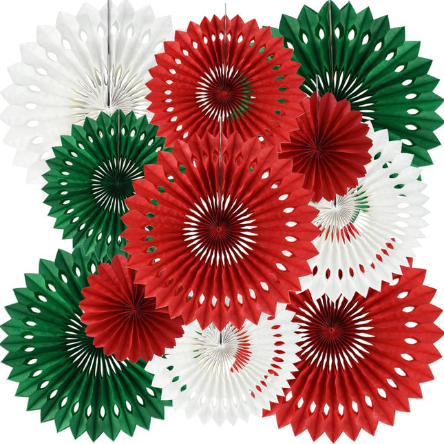Red, Green & White Hanging Tissue Honeycomb Paper Fans Decor Kit for Christmas & Birthdays