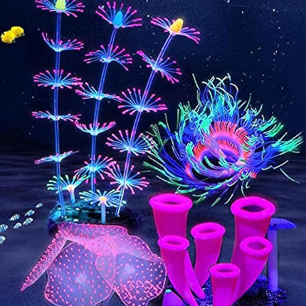 4 Pcs Glowing Silicone Aquarium Decorations Coral Reef Plants with Suction Cup Bases