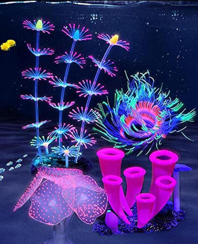 4 Pcs Glowing Silicone Aquarium Decorations Coral Reef Plants with Suction Cup Bases