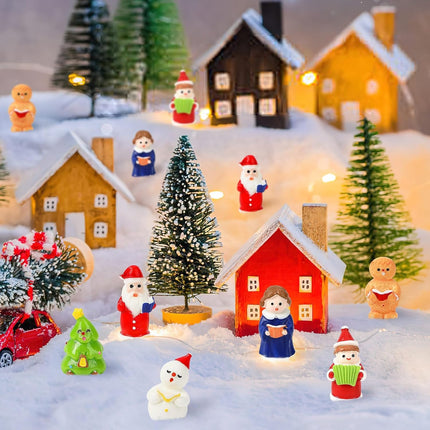 16PCS Mini Christmas Figurines – Snowman, Carolers & Gingerbread Resin