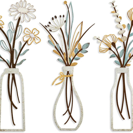 3Pcs Metal Flower Wall Art, Rustic Farmhouse Minimalist Decor, Beige Vase Set