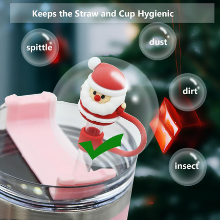 8PCS Christmas Straw Toppers – 3D Santa & Tree Silicone Caps for Stanley Tumblers