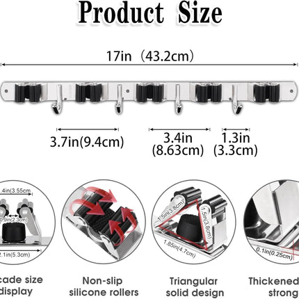5 Racks & 4 Hooks Mop Broom Holder – Stainless Steel Wall Mount Organizer