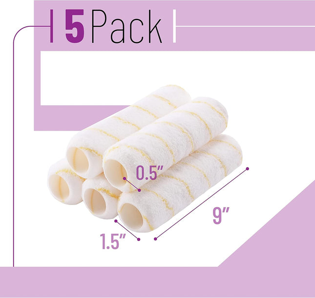 Paint Roller Covers 1/2" x 9" – Pack of 5, Naps for Roller Frames & House Painting
