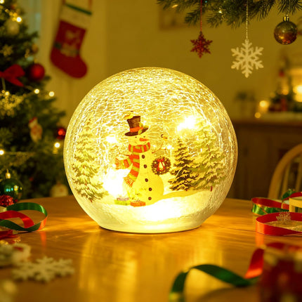 LED Snowman Crackle Glass Ball 3.9" | Christmas Indoor Table & Mantel Decor