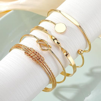 Women Gold Cuff Bracelet Set 14K Plated Multi Layer Stackable Bangles