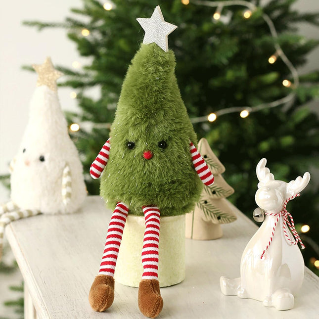 Christmas Tree Doll Plush Decoration with Star Top and Striped Socks Green