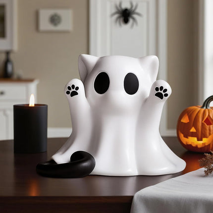 Cute Halloween Cat Ghost Statue, Mini Figurine for Home & Office Desk Decor