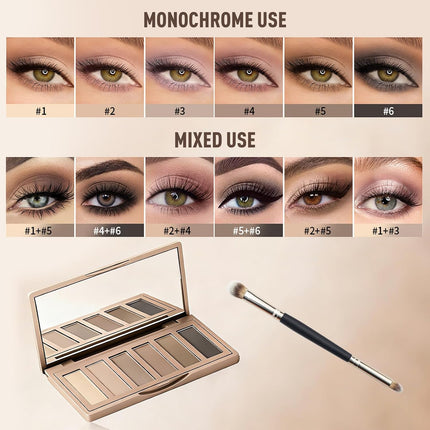 6-Color Matte Neutral Eyeshadow Palette with Brush, Cool-Tone Nude Smoky Eye Makeup