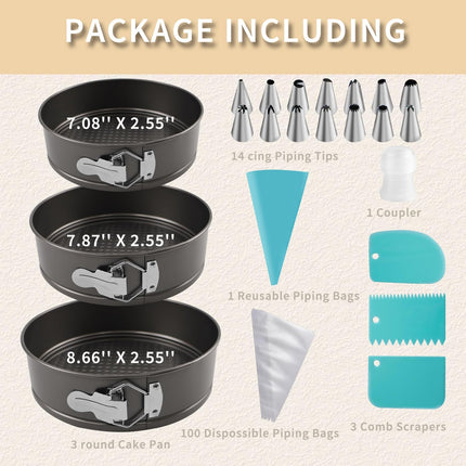 122PCS Cake Pan Set 7 8 9in Springform Pans Piping Bags Decorating Kit