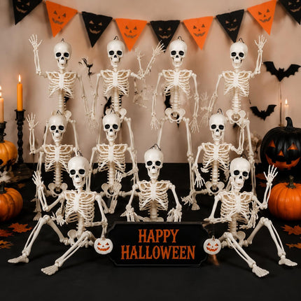 10-Pack 16in Posable Skeletons, Movable Joint Plastic Hanging Halloween Decor Props