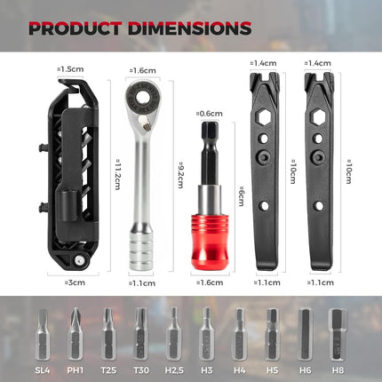 14-in-1 Bike Tool Kit, Portable Ratchet Wrench with 10 Bits & 2 Tire Levers