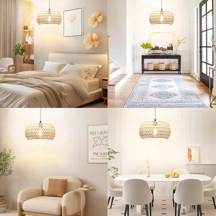 Plug In Rattan Pendant Light Woven Shade 14.8Ft Cord E26 E27 Hanging Lamp with Switch