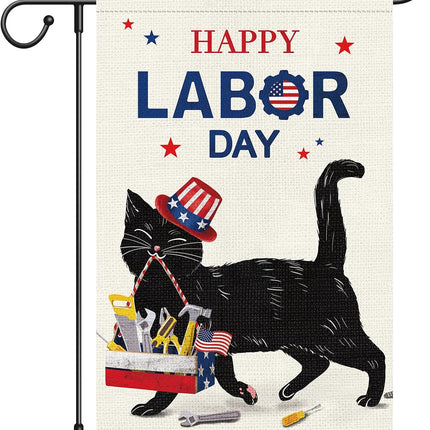 Happy Labor Day Black Cat Garden Flag 12x18 Double Sided Burlap Flag Only