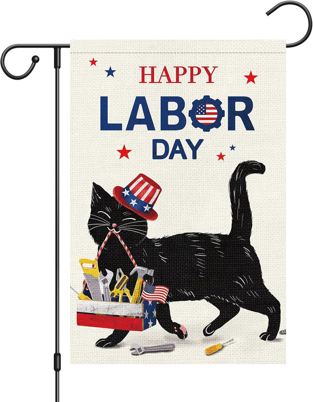Happy Labor Day Black Cat Garden Flag 12x18 Double Sided Burlap Flag Only