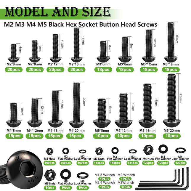 2040PCS Metric Screws, Nuts & Bolts Kit – M2 to M6 Black Zinc Plated for 3D Printing & DIY