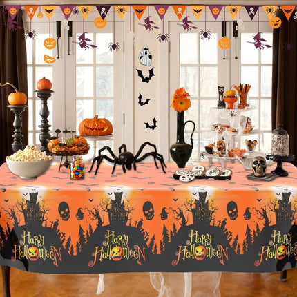 2-Pack Halloween Plastic Tablecloths 108x54in, Orange Castle Witch Party Table Decor
