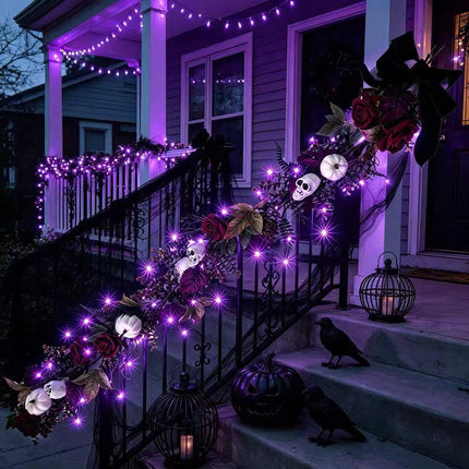 6FT Gothic Halloween Garland with Purple Lights, Skulls, Roses & Pumpkins Decor