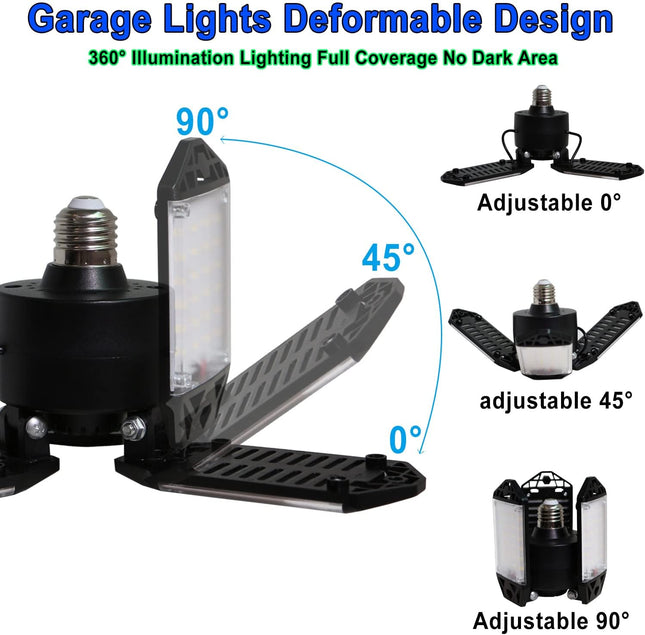 80W LED Garage Light 8000 Lumens 6500K with 3 Adjustable Panels E26 E27 Base