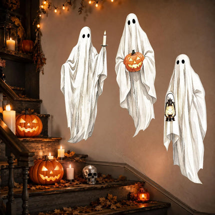 3-Sheet Extra Large Halloween Ghost Wall Stickers, Vintage White Floating Ghost Decals