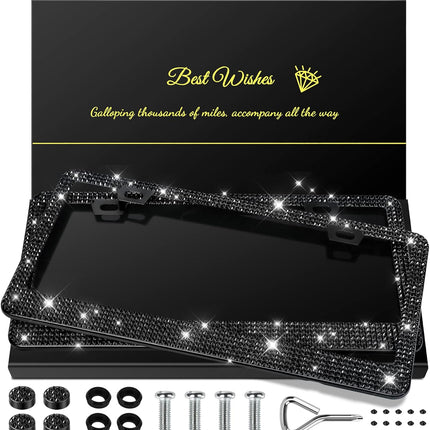 2-Pack Bling License Plate Frames for Women – Sparkly Rhinestone Diamond (Black)