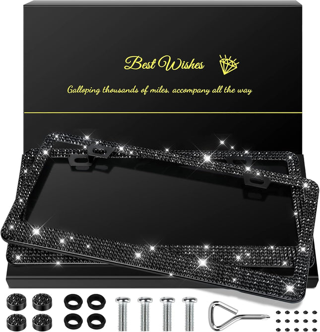 2-Pack Bling License Plate Frames for Women – Sparkly Rhinestone Diamond (Black)