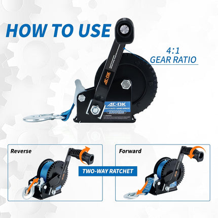 1600LBS Heavy-Duty Boat Trailer Winch with 26FT Strap, 2-Way Ratchet & 4:1 Gear